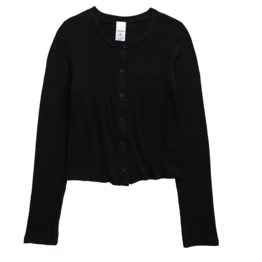 NORDSTROM GIRLS'  FINE RIB CROP FITTED  BLACK CARDIGAN SIZE XL 14/16 NWT